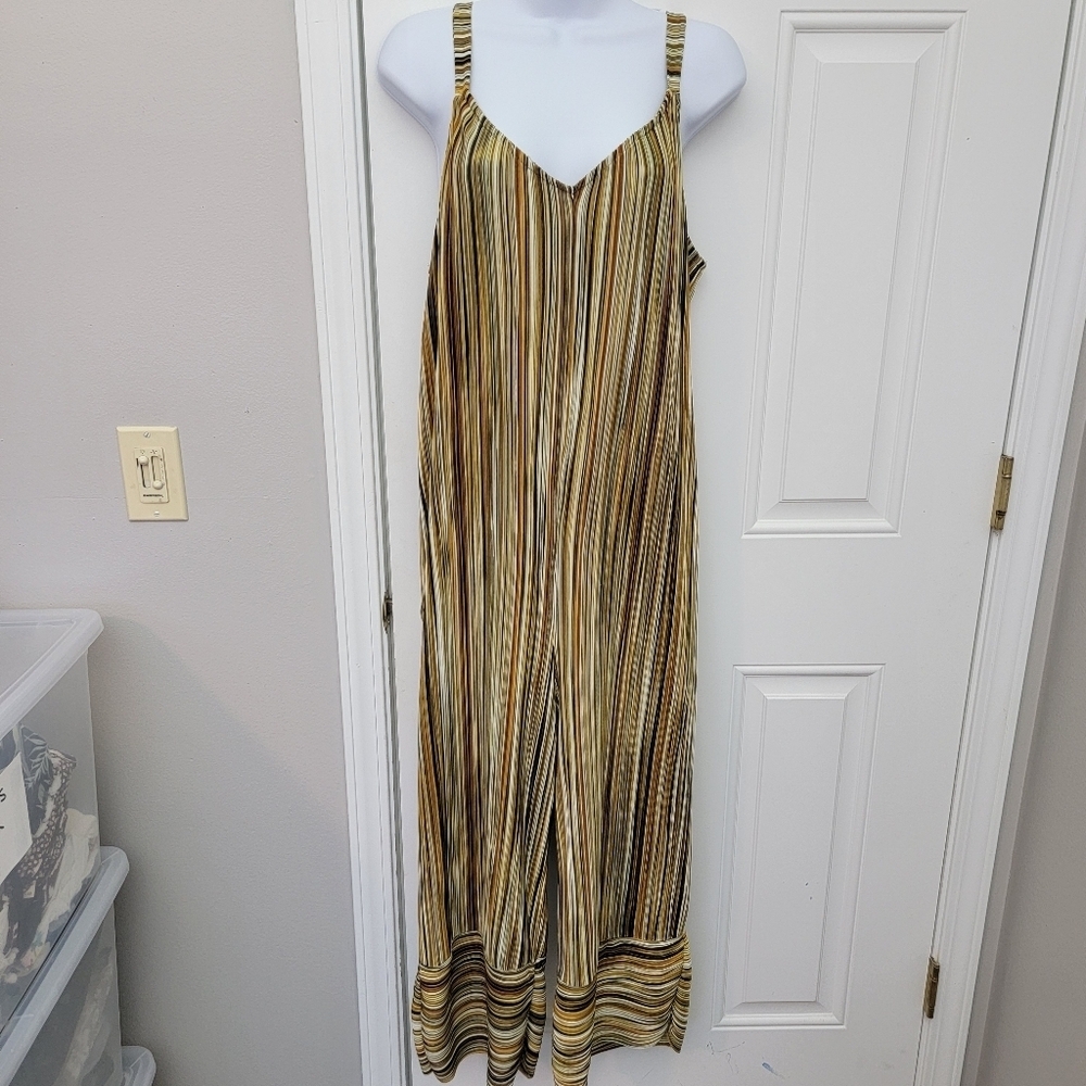 ZARA V Neck Wide Leg Sleeveless Jumpsuit Micro pleated Gold Brown Stripes Small